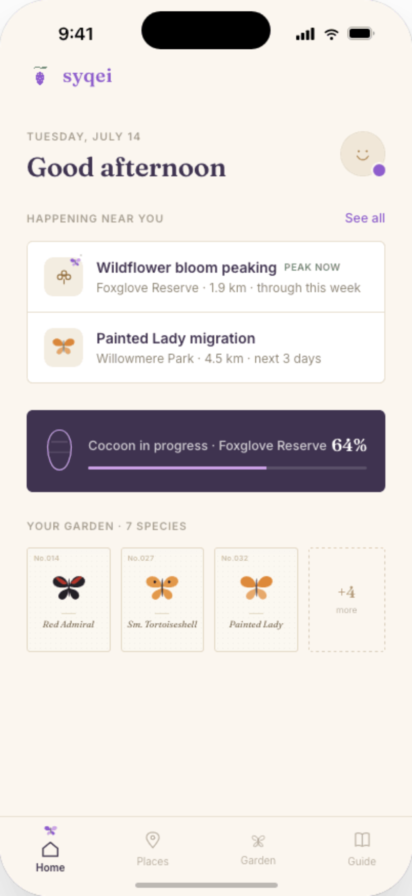 Syqei app showing nearby nature events