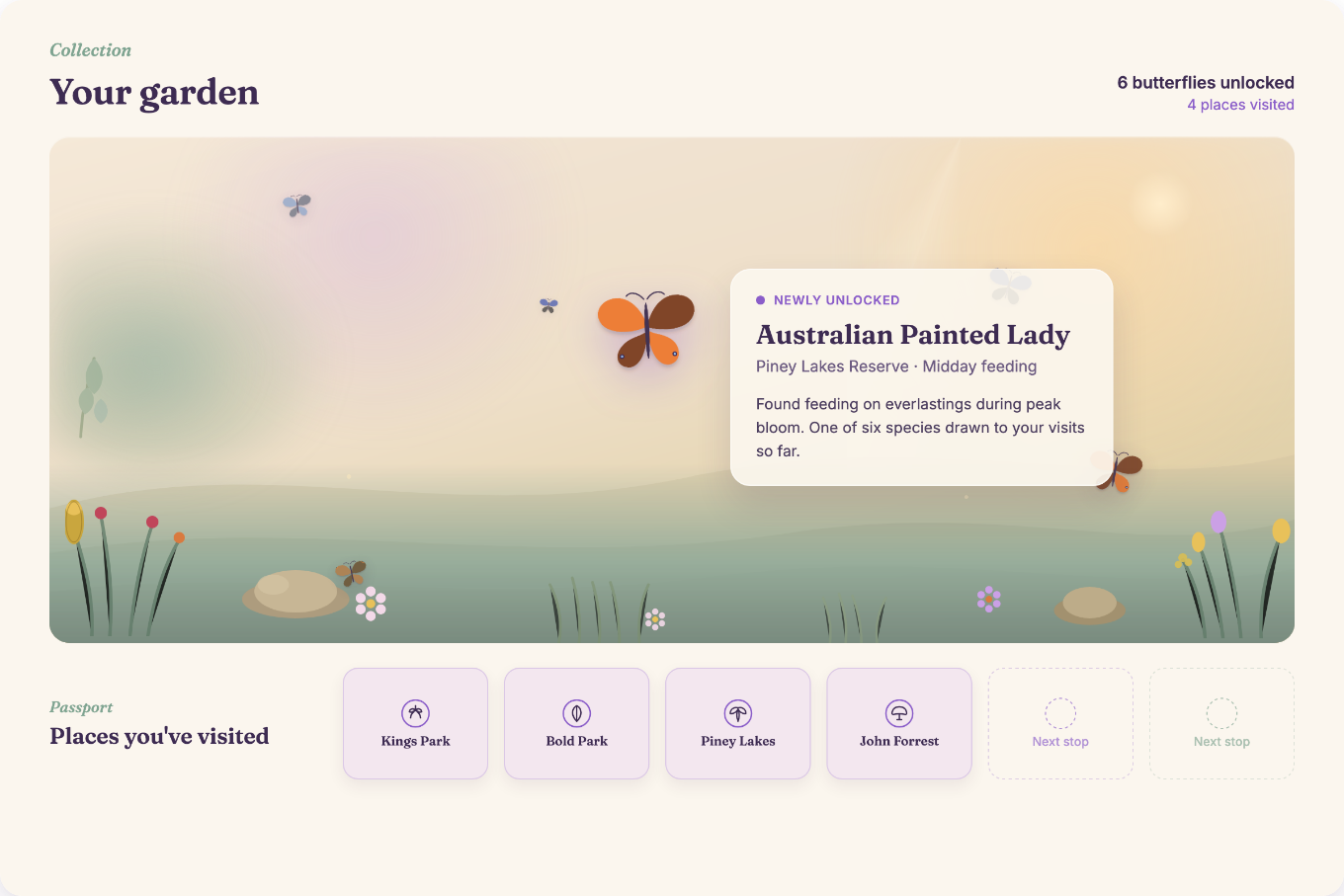 Syqei garden and passport screen showing unlocked butterflies and places visited